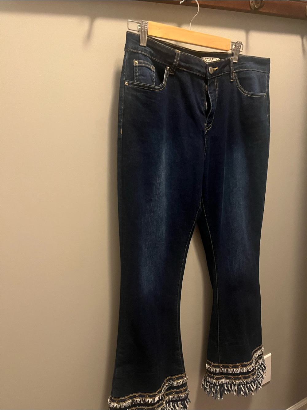 Luxe Indigo Cropped Jeans with Fringe Trim